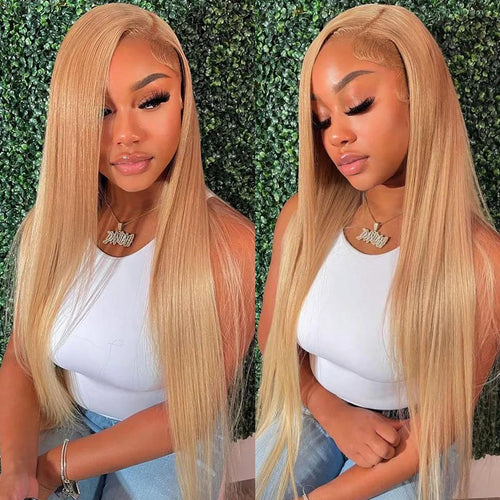 Honey Blonde Wig Human Hair 13x6 Straight Honey Blonde HD Lace Front Human Hair Wig 180% Density 27# Colored Wigs Human Hair Glueless Lace Frontal Wigs Pre Plucked with Baby Hair