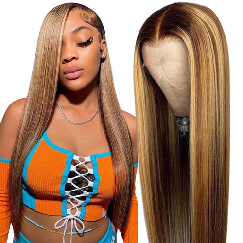 Ombre Lace Front Wig Human Hair 28inch Highlight 13x4 HD Straight Lace Front Wigs 180% Density 4/27 Colored Honey Blonde HD Lace Frontal Wigs For Women Glueless Pre Plucked with Baby Hair