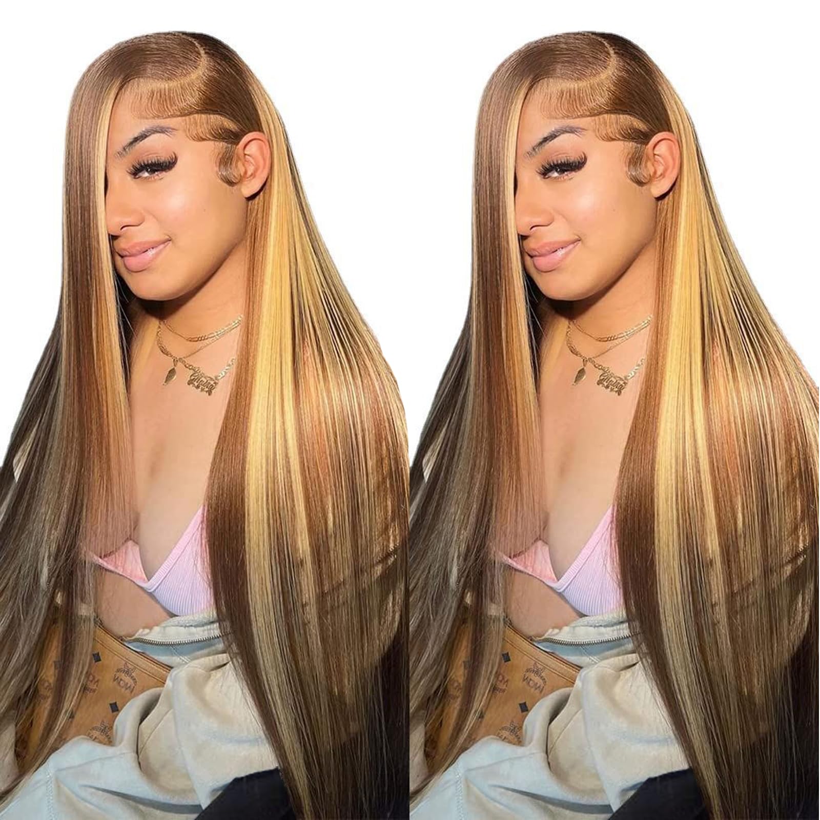 Ombre Lace Front Wig Human Hair 28inch Highlight 13x4 HD Straight Lace Front Wigs 180% Density 4/27 Colored Honey Blonde HD Lace Frontal Wigs For Women Glueless Pre Plucked with Baby Hair